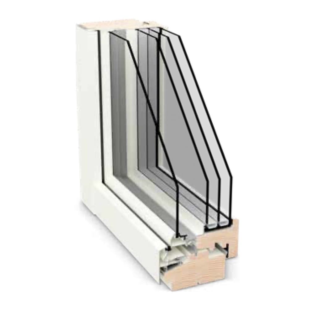 外側アルミ3+1=4層ガラス木製窓の断面サンプル