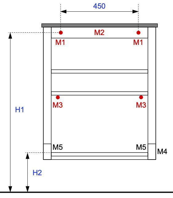 オムツ交換台の壁への取付位置の図面