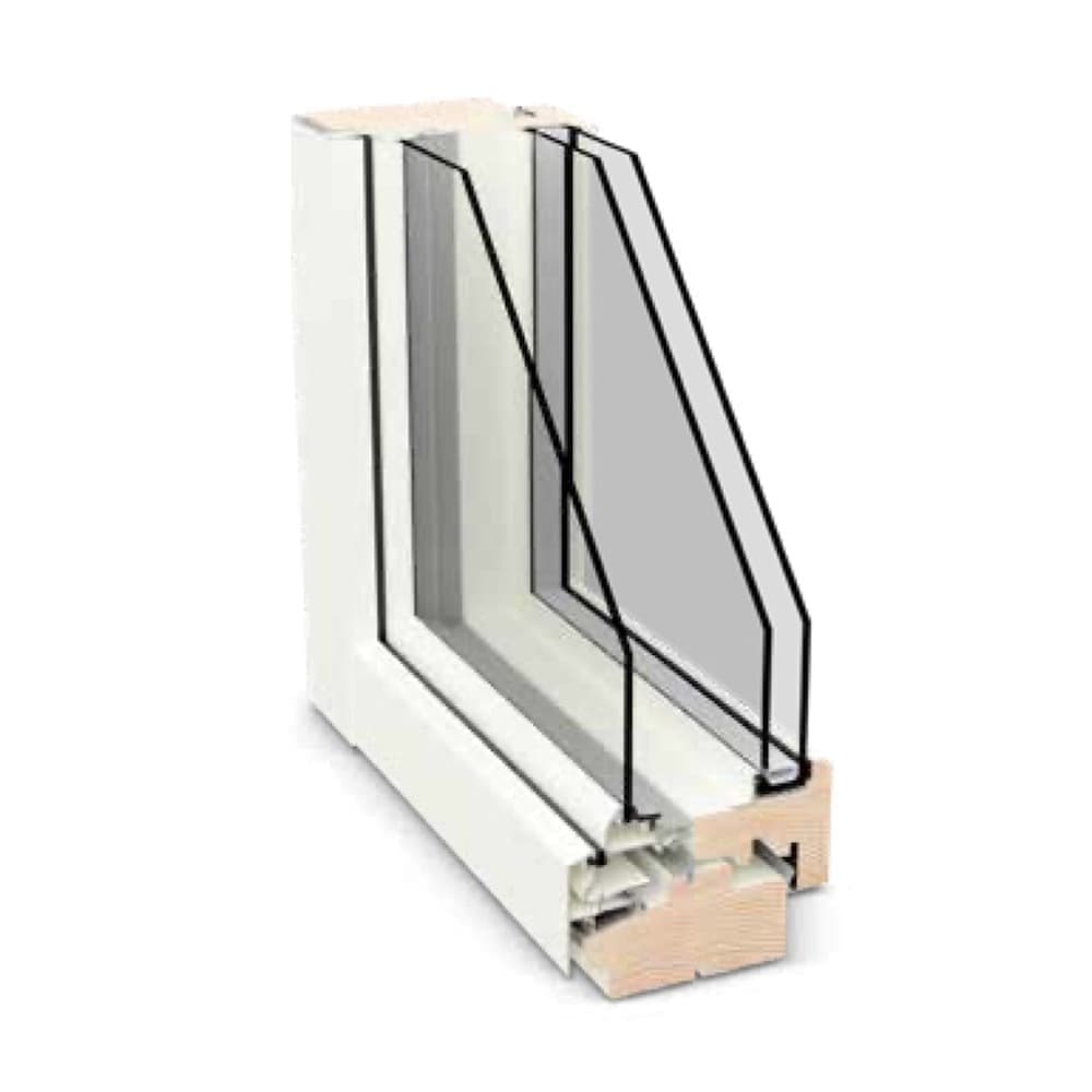 外側アルミ2+1=3層ガラス木製窓の断面サンプル